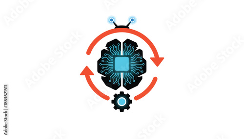 Blue Circuit Brain with Gear and Arrows