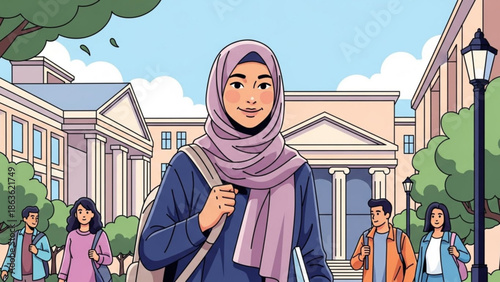 Young Muslim woman with hijab walking on university campus carrying backpack and books diverse students in background education concept