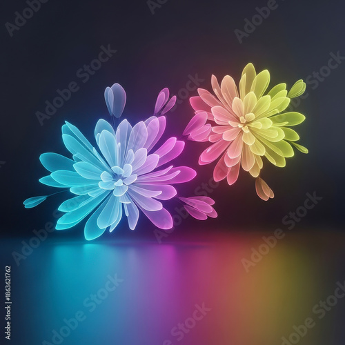 Colorful glowing flowers with neon light effect on dark background