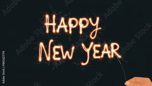 Happy New Year text written with sparklers festive celebration concept glowing light effect on dark background