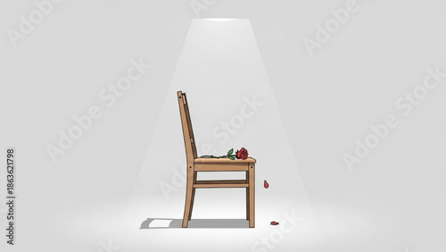 Single wooden chair with a red rose and fallen petals spotlighted in a minimalist studio concept of loneliness or remembrance