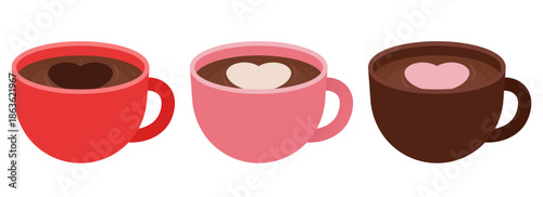 Hot chocolate clip art set with heart-shaped foam in red, pink, and brown mugs. Perfect for Valentine’s Day cards, café menus, stickers, packaging, social media, and cozy romantic designs.