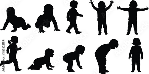 Child development silhouette set showing baby crawling, toddler walking, playing and standing stages, human growth progression icons in black vector style