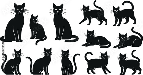 Black cat silhouettes set in multiple poses, cute feline collection illustration isolated on white background, minimalist pet design, animal icons, modern graphic style