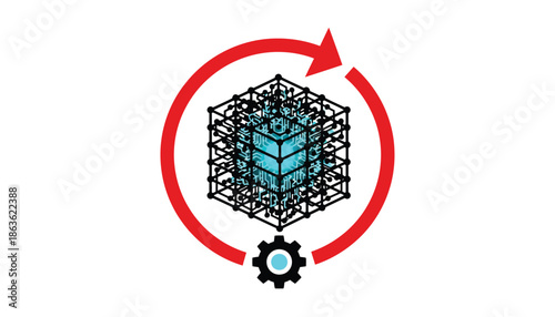 Rotating Blue 3D Cube Structure with Gear Mechanism