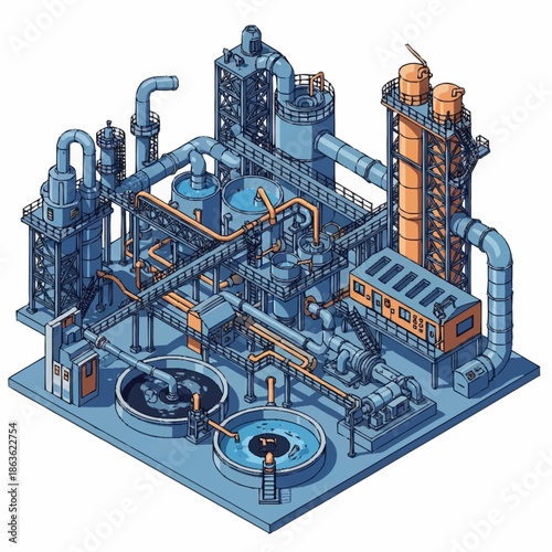 Isometric industrial factory with pipes and tanks.