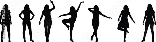 Female silhouettes collection showing women standing and dancing in different poses, elegant body language illustration isolated on white background, fashion, lifestyle, and movement concept