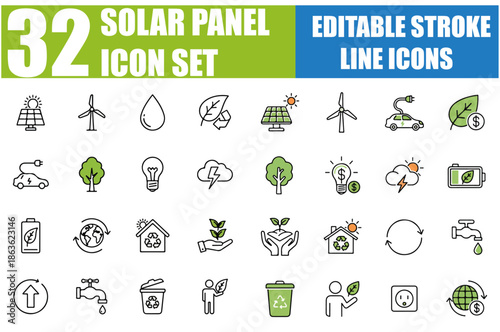 Solar Panel Icon Set - Eco Friendly, Clean Energy, Sun-Powered Electricity, Renewable, Sustainable, Green Technology, Environment, Sunlight, Power Generation and More - Editable Line Icons, Vector Ill