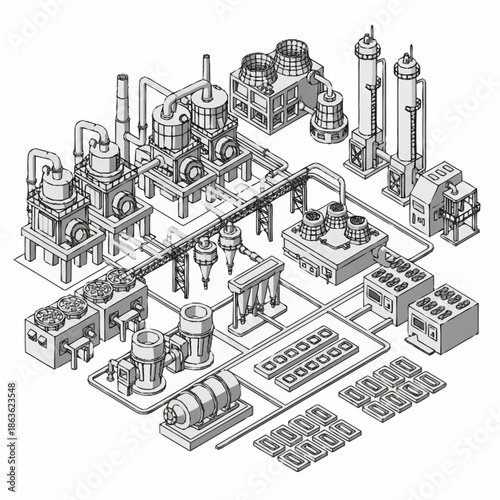 Isometric Industrial Plant Manufacturing Process Diagram.