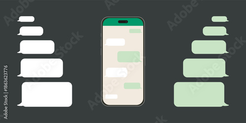 Chatting on a smartphone. Send or receive SMS using a mobile app. Speech bubble message displayed on a phone screen.