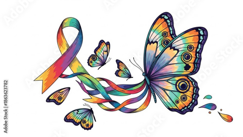 Colorful butterfly with rainbow ribbon symbolizing hope and awareness isolated on white background for design