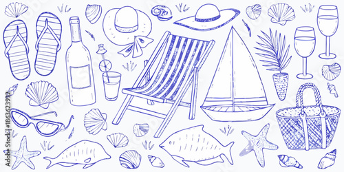 A charming sketch of summer essentials beach items and relaxed vacation vibes