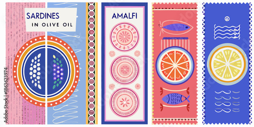 Colorful vintage sardine can labels with floral and marine illustrations