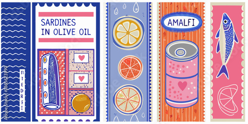 Retro styled sardine can and citrus fruit themed decorative bookmark collection