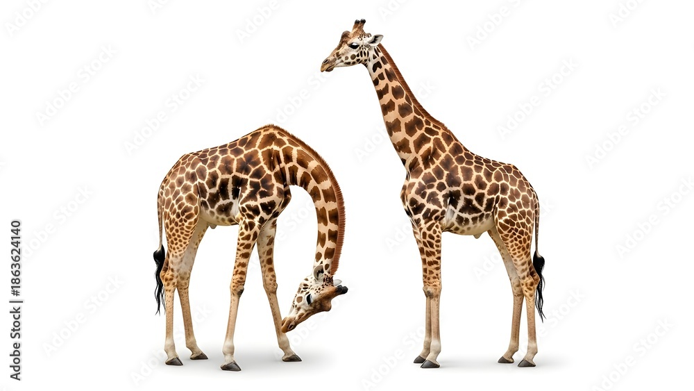 Obraz premium Jirafa con cabeza larga mira al revés sobre blanco