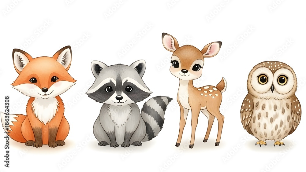 Fototapeta premium Conjunto de acuarela de dibujos animados del bosque aislado lindo bebé zorro, ciervo, mapache y búho animal con flores. Ilustración del bosque de vivero. Dibujo bohemio bohemio para póster infantil,