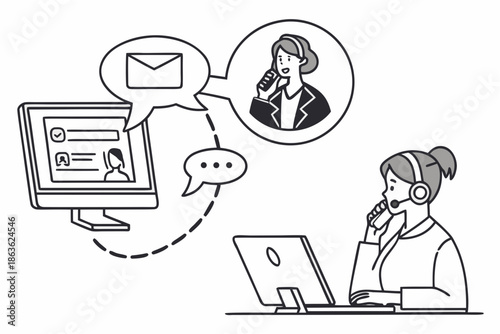 A woman wearing a headset and working on a laptop with a computer screen displaying an email and a speech bubble