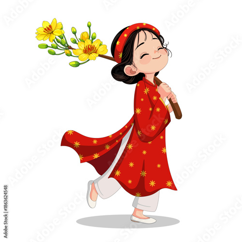 Happy Vietnamese New Year Illustration with Girl and Yellow Apricot Flowers