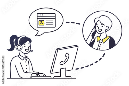 A customer service representative communicates with a customer over the phone and computer.