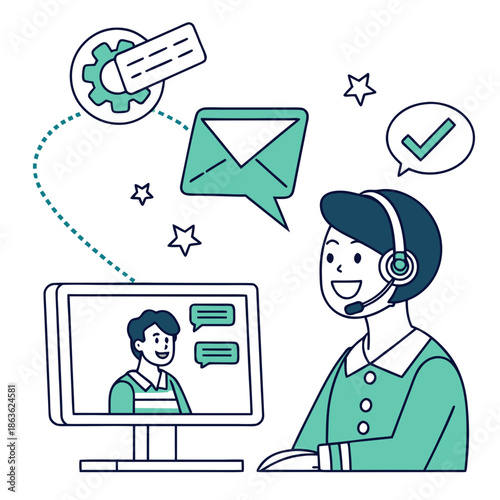 A customer service representative communicates with a client via computer