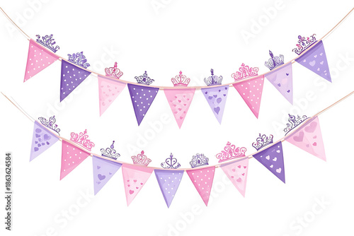 Vibrant pink and purple princess bunting with crowns and hearts