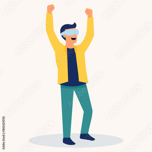 happy young man in virtual reality goggles enjoying gaming experience