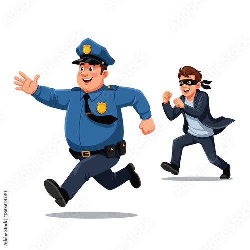 A cheerful police officer pursues a thief in a comical chase scene