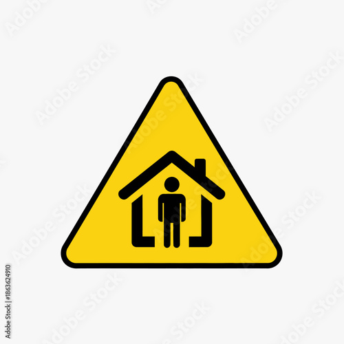 Yellow triangular warning sign featuring a house and human silhouette inside