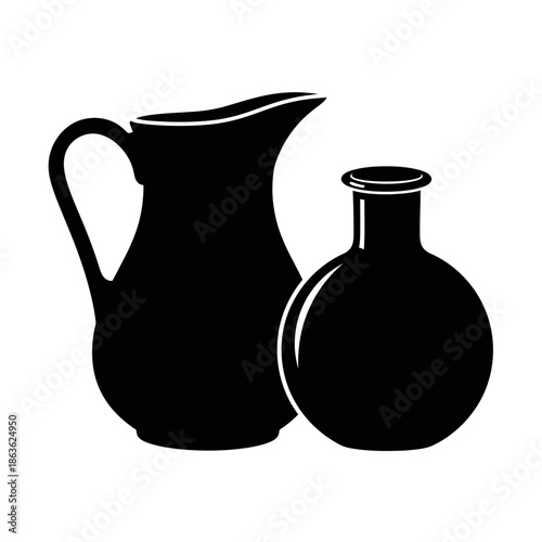 Black and white illustration of a pitcher and a small round vase