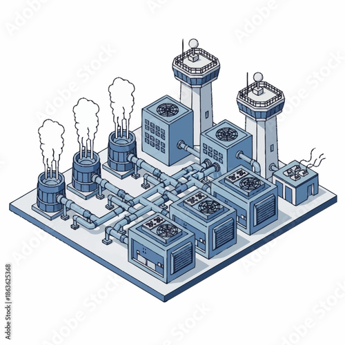Isometric Industrial Power Plant with Cooling Towers and Pipes.