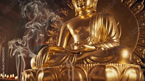 A serene image of a golden statue depicting a seated figure, accompanied by incense smoke