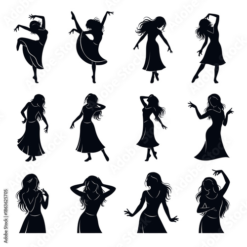 Elegant silhouettes of dancing women in various poses a graceful collection