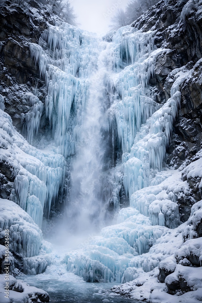 Obraz premium Frozen Waterfall in a Snowy Landscape Captured from a Front View