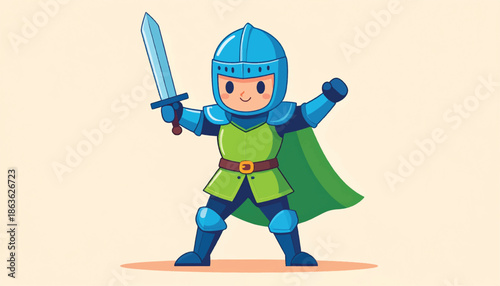 Cartoon Knight Ready for Battle with Sword and Armor.