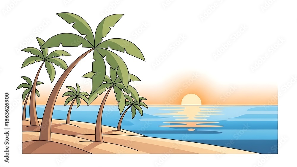 Fototapeta premium Tropical Beach Scene with Palm Trees at Sunset.