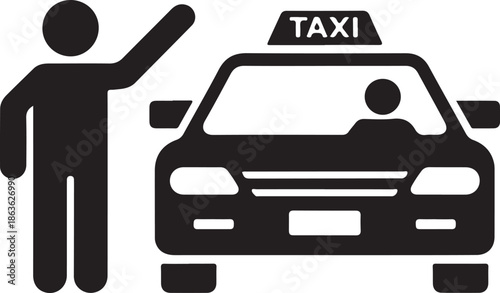 Taxi Hailing Icon with Passenger and Cab Silhouette - Man Calling Taxi Cab Black and White Vector Icon