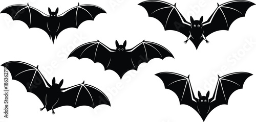 Bat silhouette vector set, black bat clipart, flying bat design, Halloween animal artwork, nocturnal creature shape, minimal illustration, logo use
