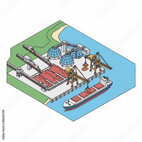 Isometric view of a bustling port with cargo ships and industrial facilities.