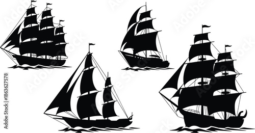 Sailing ship silhouette vector set, black ship clipart, vintage sailboat design, nautical vessel artwork, ocean transport shape, minimal illustration, logo use