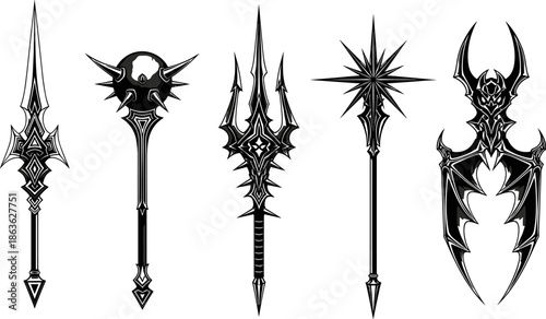Fantasy weapon silhouettes, magical polearms and staffs, ornate black vector set with mystical blades, tridents, starbursts, and demonic winged designs