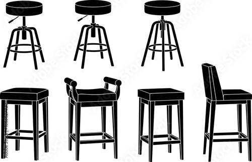 Bar stool silhouette collection, modern furniture icons, metal and wood designs, adjustable height, cushioned seats, interior decor, minimalist seating, vector set