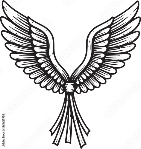 A pair of wings illustration with feathers and ribbon tied together in a elegant design