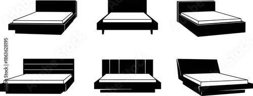 Bed silhouette set, modern and classic frames, headboard styles, black vector furniture, interior design icons, bedroom decor, minimalist illustration