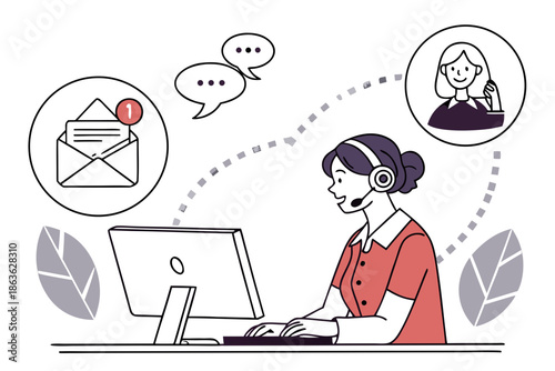 A customer service representative wearing a headset and working on a computer