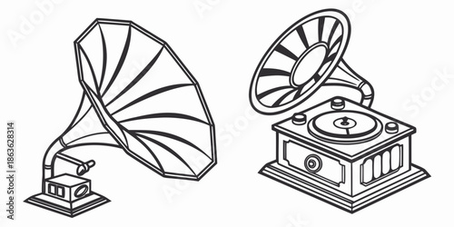 A vintage illustration of two antique gramophones on a white background