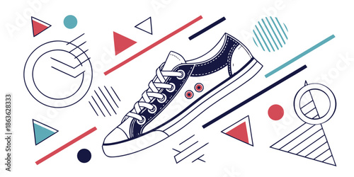 A colorful illustration of a sneaker surrounded by geometric shapes and lines