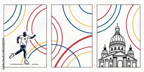 A vibrant illustration of a runner and a building with colorful arches