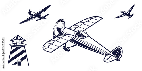 A vintage airplane flies near a lighthouse with other planes in the sky