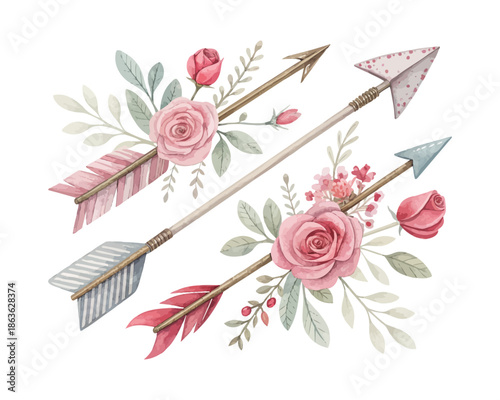 Watercolor Romantic Arrow Set – Elegant Valentine Icons Isolated on White Background