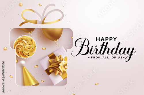 Happy Birthday greeting text clipart template design. Birthday gift shape clip art with cup cake, balloons, party hat and gift box yellow decoration elements for invitation card banner vector 